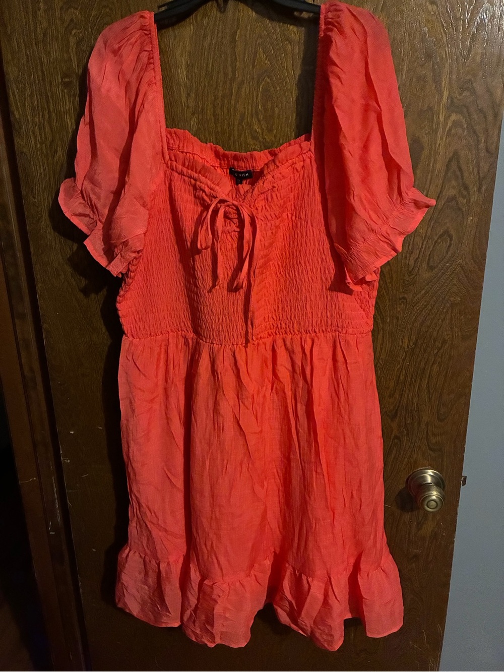 As U Wish Coral Puff-Sleeve Smocked Mini Dress